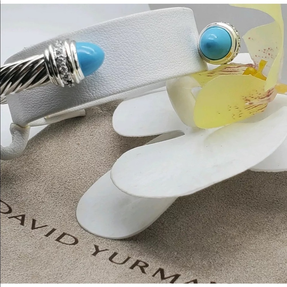 David Yurman Silver Cable Cuff with Turquoise Blue Terminals and Pave Diamonds - Picture 4 of 8